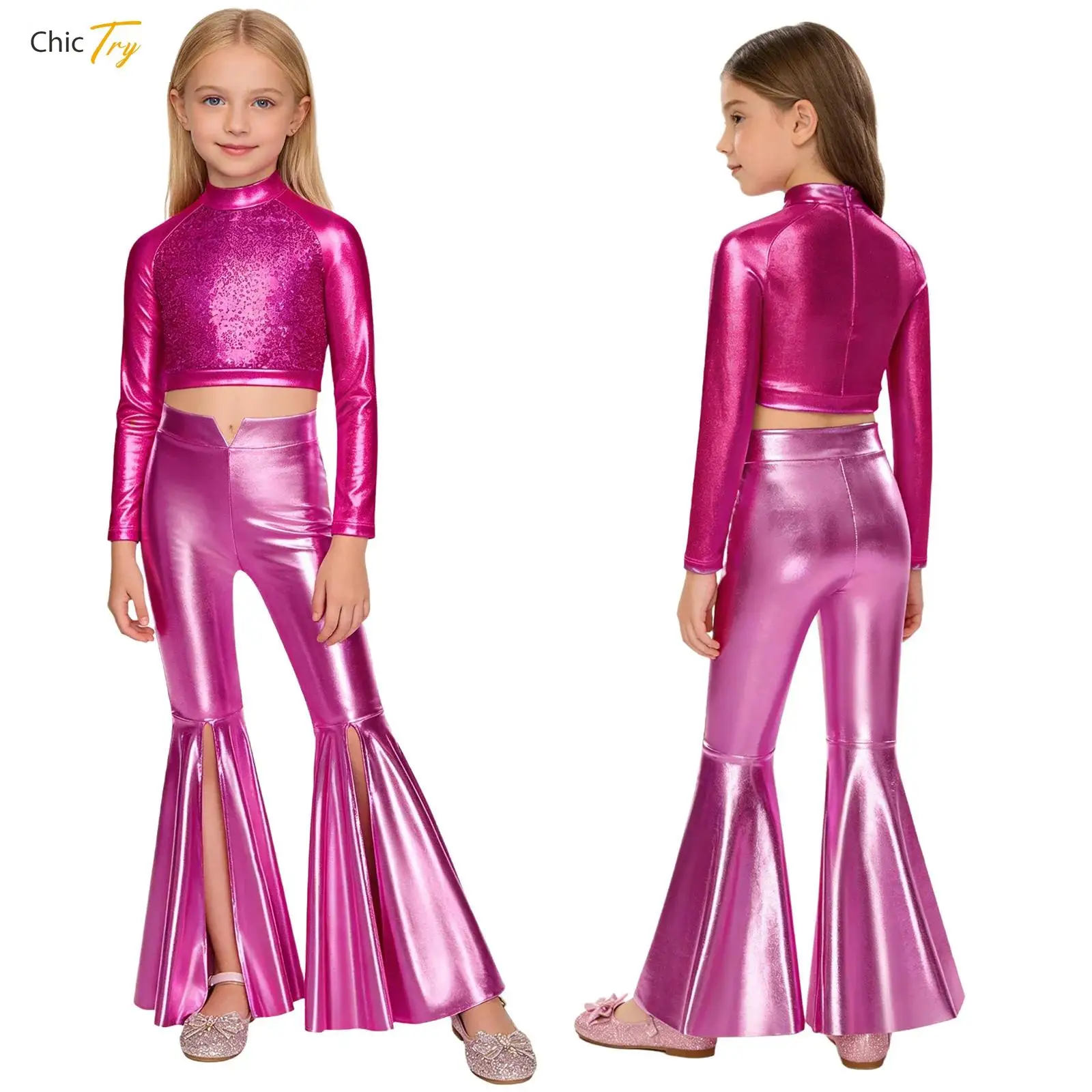 

Детский винтажный костюм в стиле диско 70-х для девочек: укороченный топ с длинными рукавами и пайетками + брюки-клеш с разрезами, наряд для карнавала и джазовых танцев
