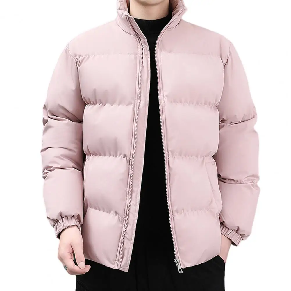 Solid Color Men Coat Winter Men's Cotton Coat with Stand Collar Long Sleeve Zipper Placket Hop Streetwear Jacket with Pockets