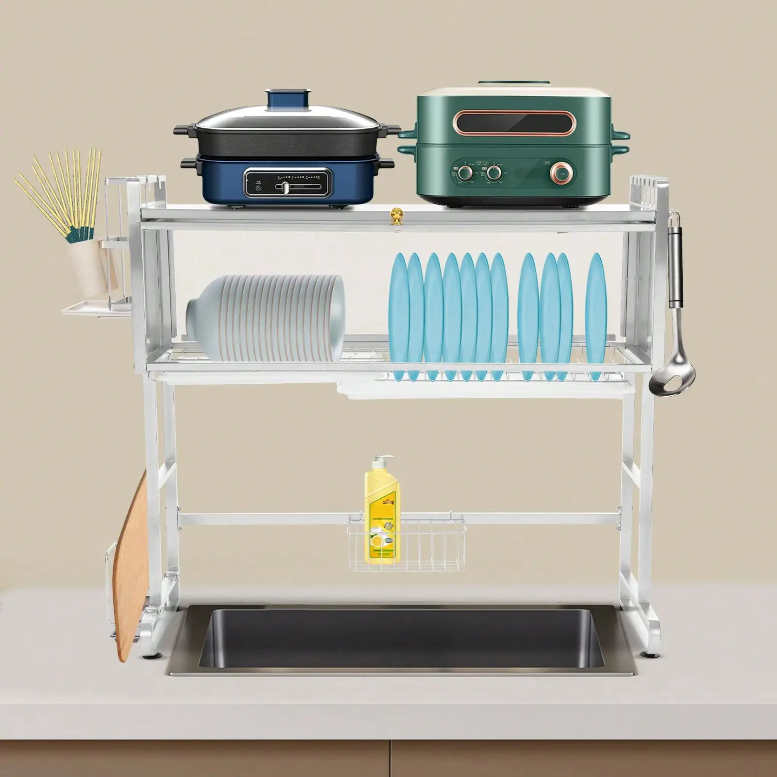 

Over The Sink Dish Drying Rack With Cover 87cm Stainless Steel Silver Kitchen Sink Shelf For Dishes, Glasses, Bowls, Cutlery