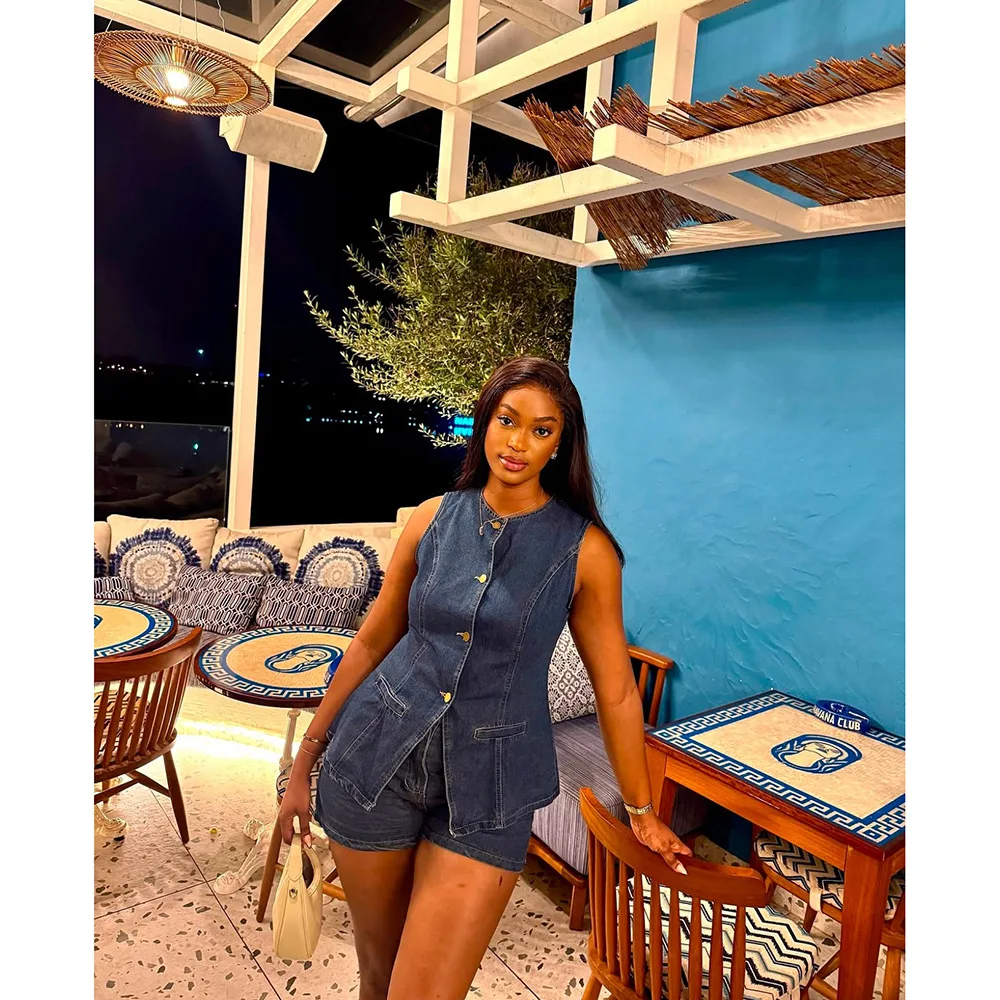 

Faionable Denim Svel Top Bot Set Summer New Sle Casual Cotton Women's Tee-Piece Suit ort orts Trendy Outfit