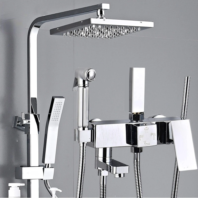 

Chrome Shower Faucet Set Rainfall High Quality All Metal Bathtub Mixer Tap 4-way With Bidet Stainless Steel