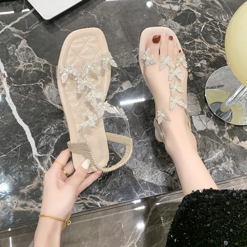 Luxurious Butterfly Rhinestone Summer Sandals 2024 New Stretch Elastic Band Casual Fashion Women\'s Sandals Wedding Shoes Bride