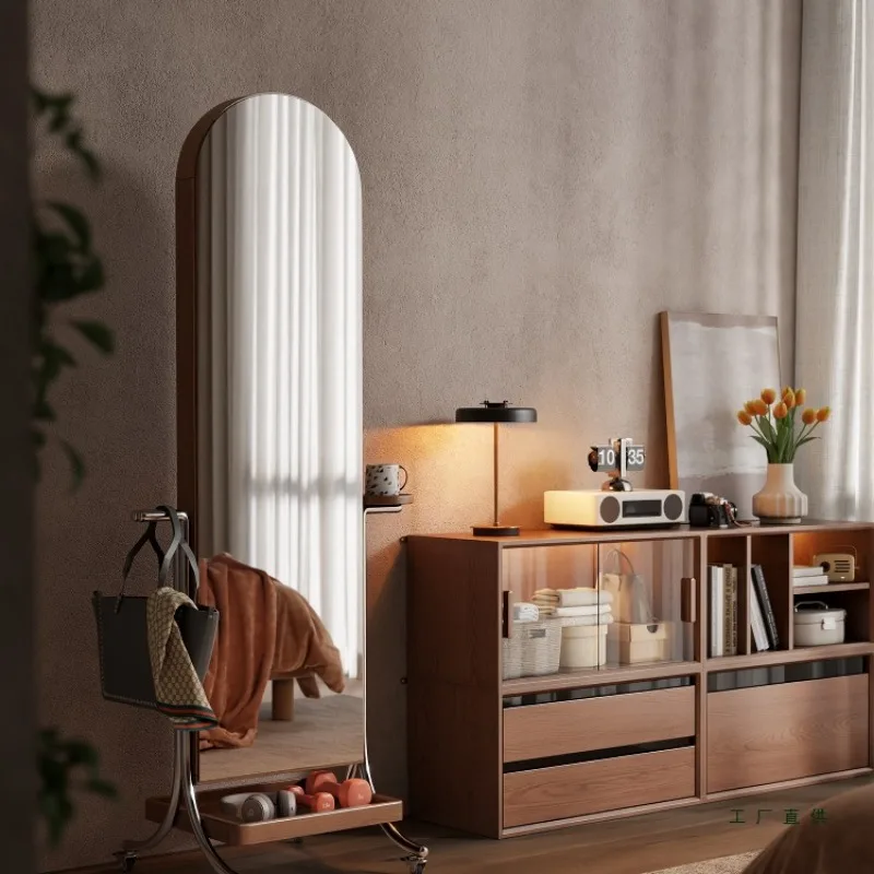 wood solid wood medieval magazine rack floor storage movable mirror, magazine cabinet display rack retro full-length mirror