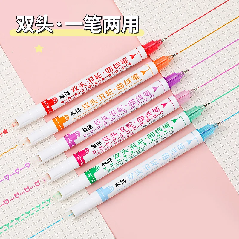 Double Headed Pattern Contour Pen Roller Curve Pen Manual Account Double Line Wave Colour Hand Copy Lace Pen Fluorescent Pen