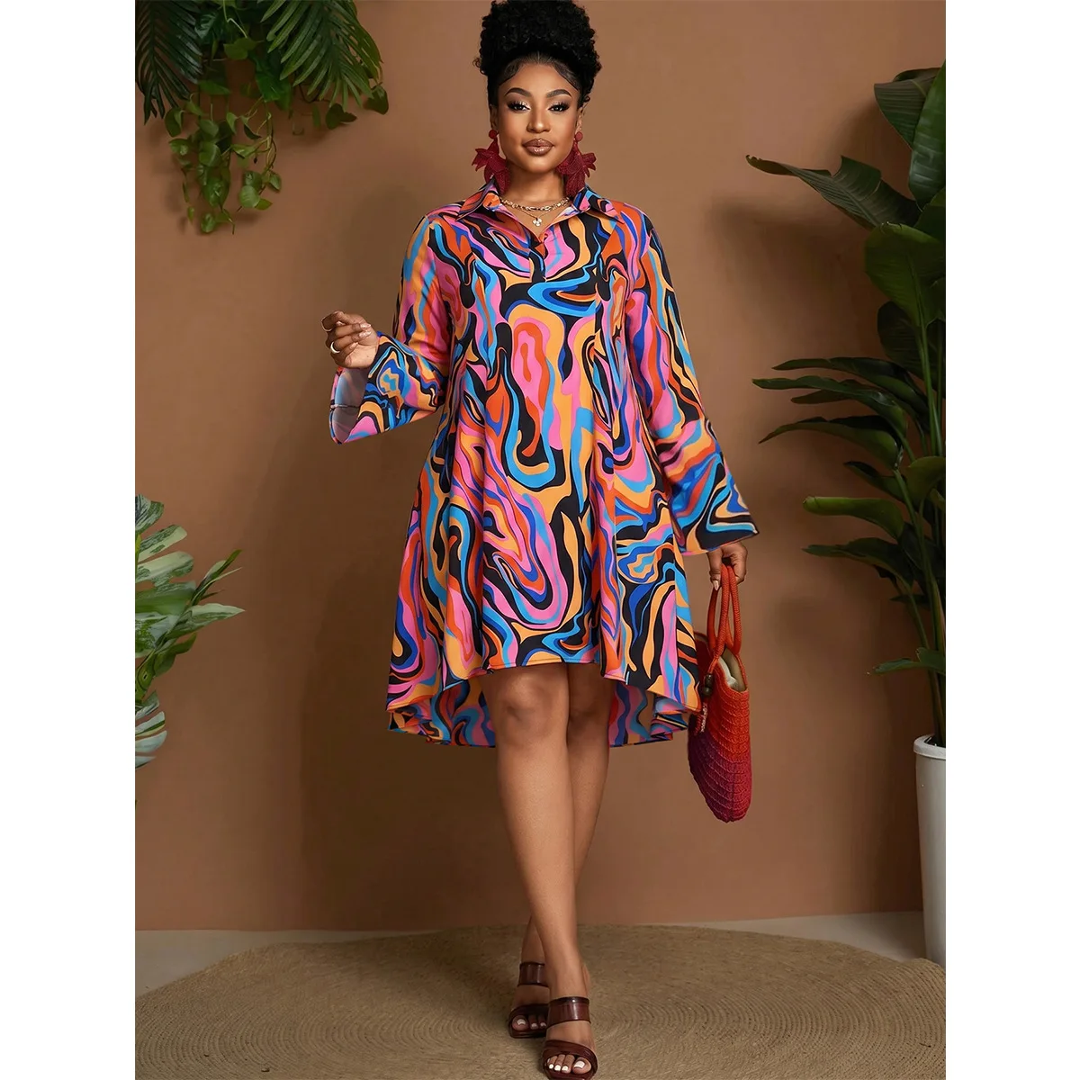 Color-blocked, Uniquely Patterns Midi Clothes With A Stand-up Necklace Single-breasted Button Closure, Flared Sleeves, And An