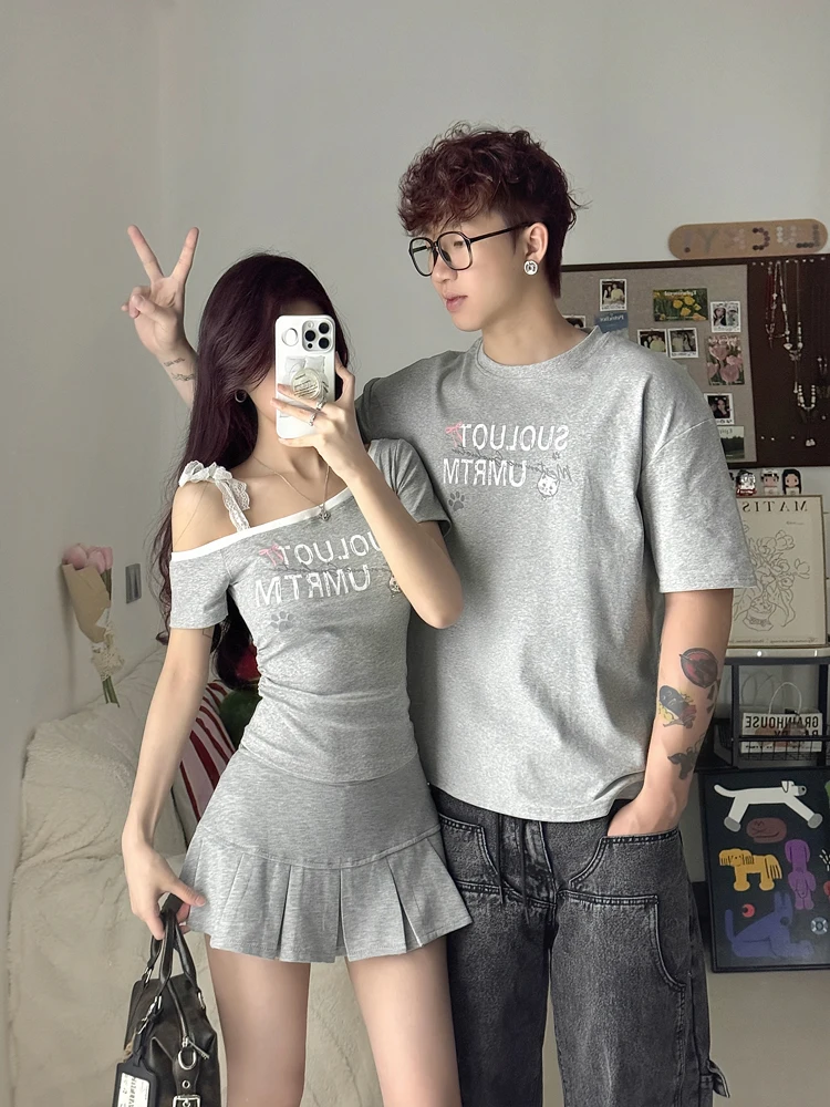 Unique Design Couple Summer Short Sleeve T-Shirt Lace Patchwork Slim Fit Shoulder Bared One Long One Short Top Youth Fashion
