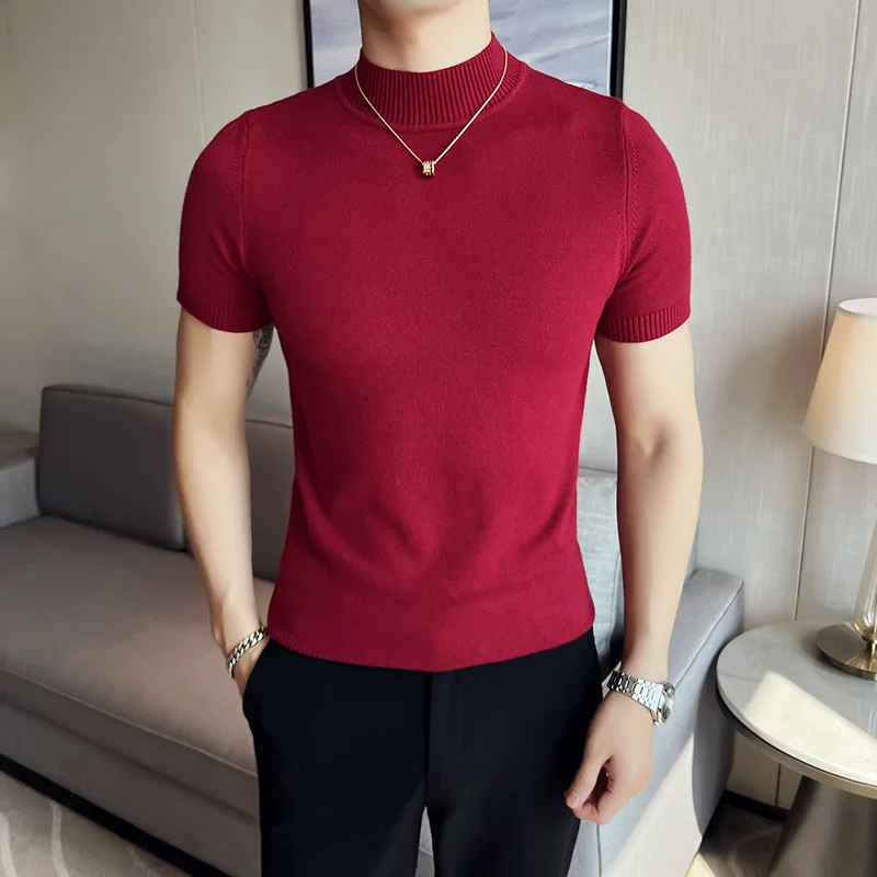 7 Colors Half High Collar Men Sweater 2022 Autumn New Short Sleeve Solid Color Sweater T Shirt Slim Fit Knitted Pullover Homme