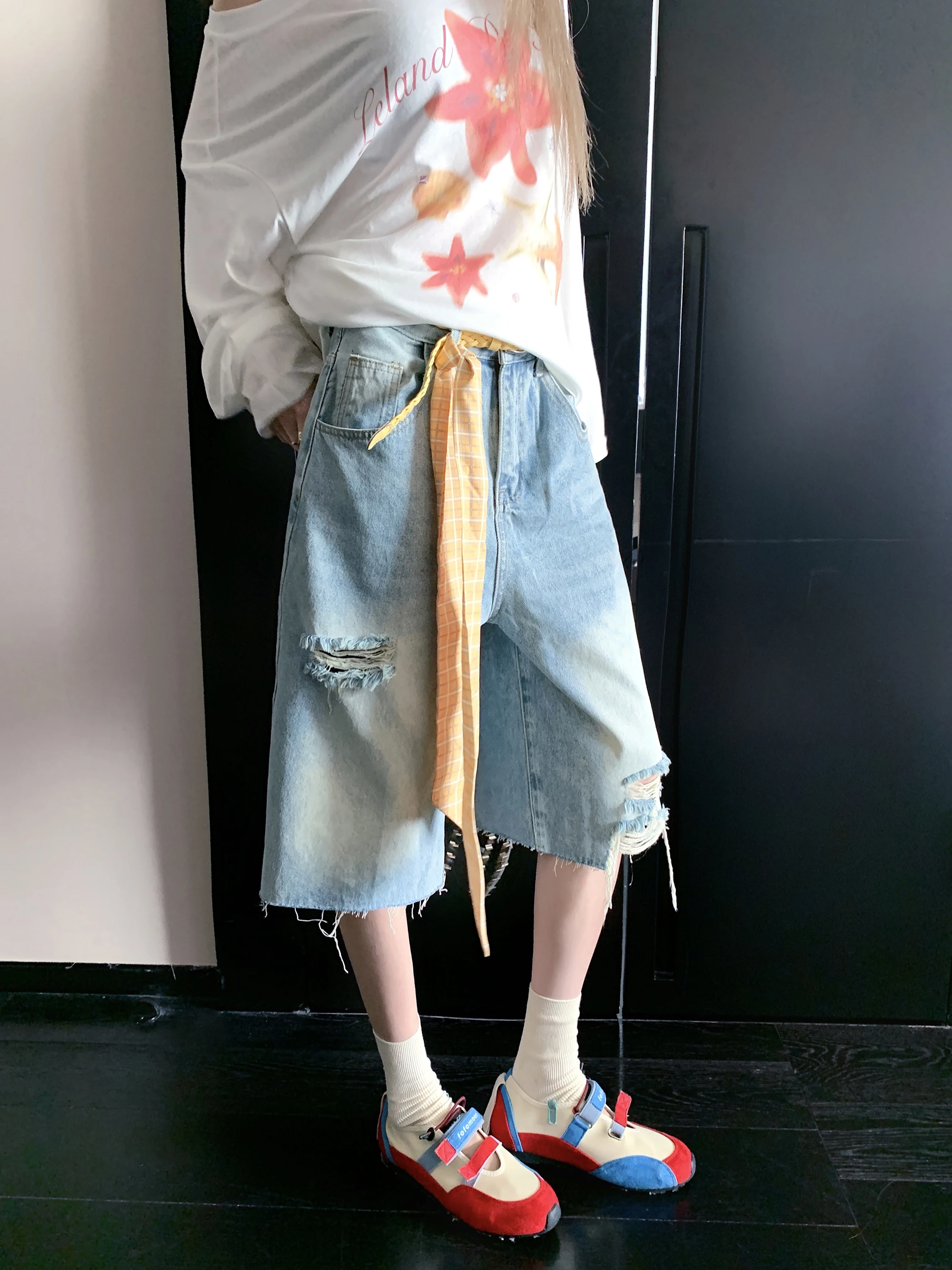 

Повседневные джинсы с высокой талией и широкими штанинами, синие, средней длины, женские, свободного кроя, джинсовая юбка с поясом и шарфом, летняя повседневная одежда