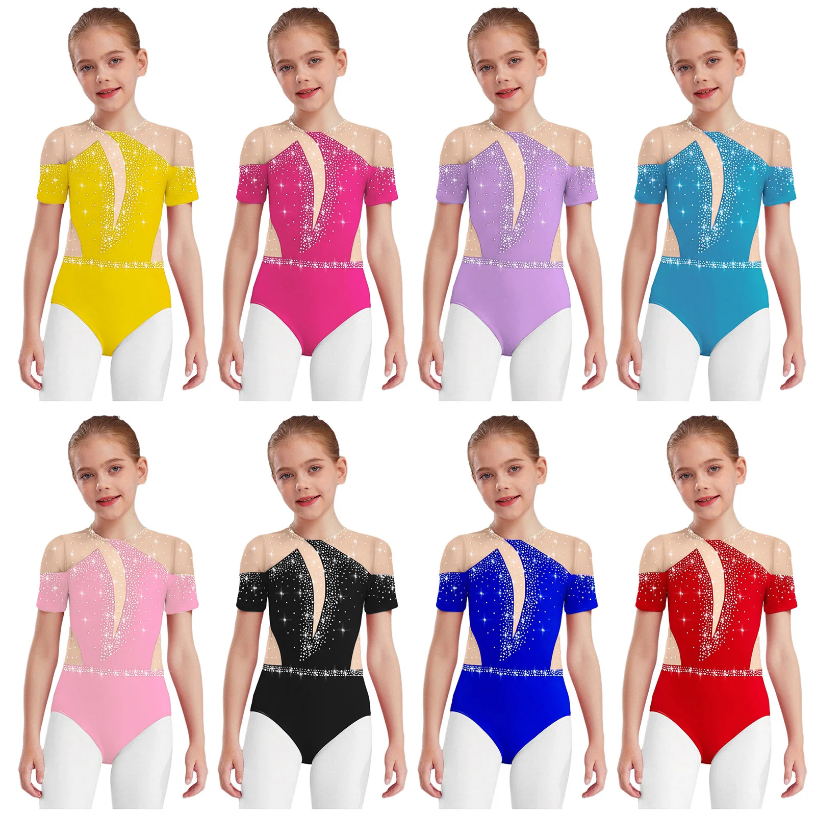 

Children Tops Short Sleeve Sheer Mesh Jumpsuit Kid Girls Rhinestones Metallic Gymnastic Bodysuit Figure Skating Dance Leotard