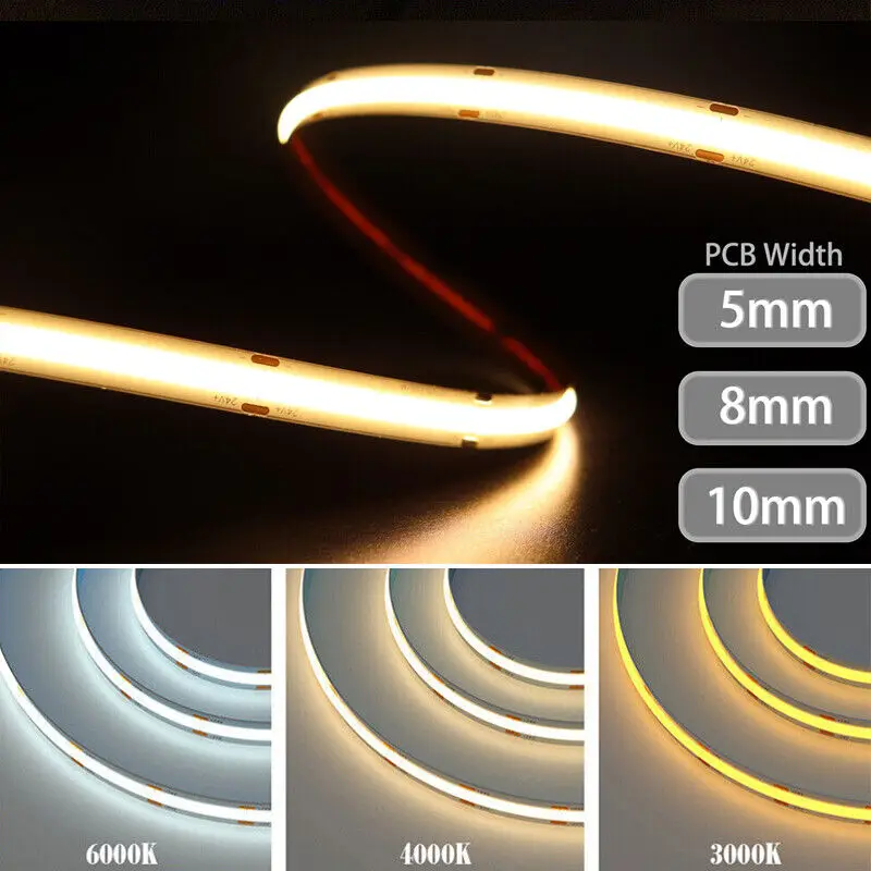 High Brightness 5MM 8MM 10MM CCT 2700K To 6500K Dimmable Ra90 608leds 12V 24V Cob Led Strip Light