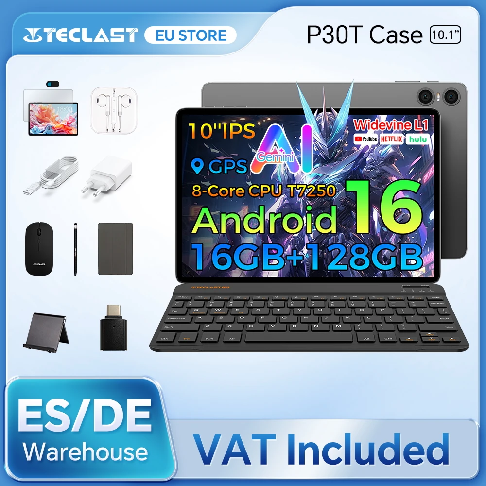 Teclast P30T Case 10.1″ Tablet AI Gemini Android 16 16GB(3GB+13GB Expansion) RAM 128GB ROM T7250 8-core All-in-one Keyboard/Case/Mouse/Stylus/Earphones/Tablet Stand