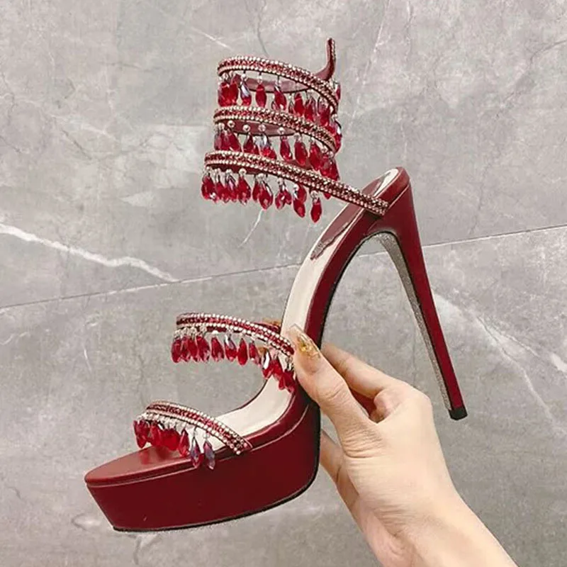 

Водонепроницаемые сандалии на платформе с кисточками, женские сандалии с эластичным ремешком в форме змеи, летние модельные туфли, туфли-лодочки