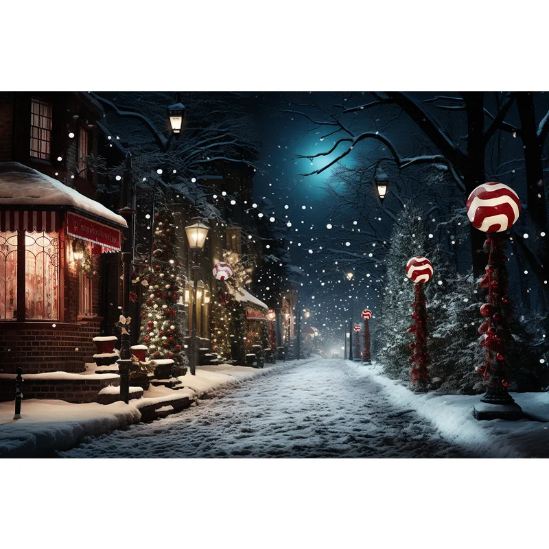 Фон для фотосъемки с изображением зимних праздников ночного времени заснеженной уютной небольшой улицы с фонарями внутри дома Рождественский фон для фотосъемки в стиле ретро