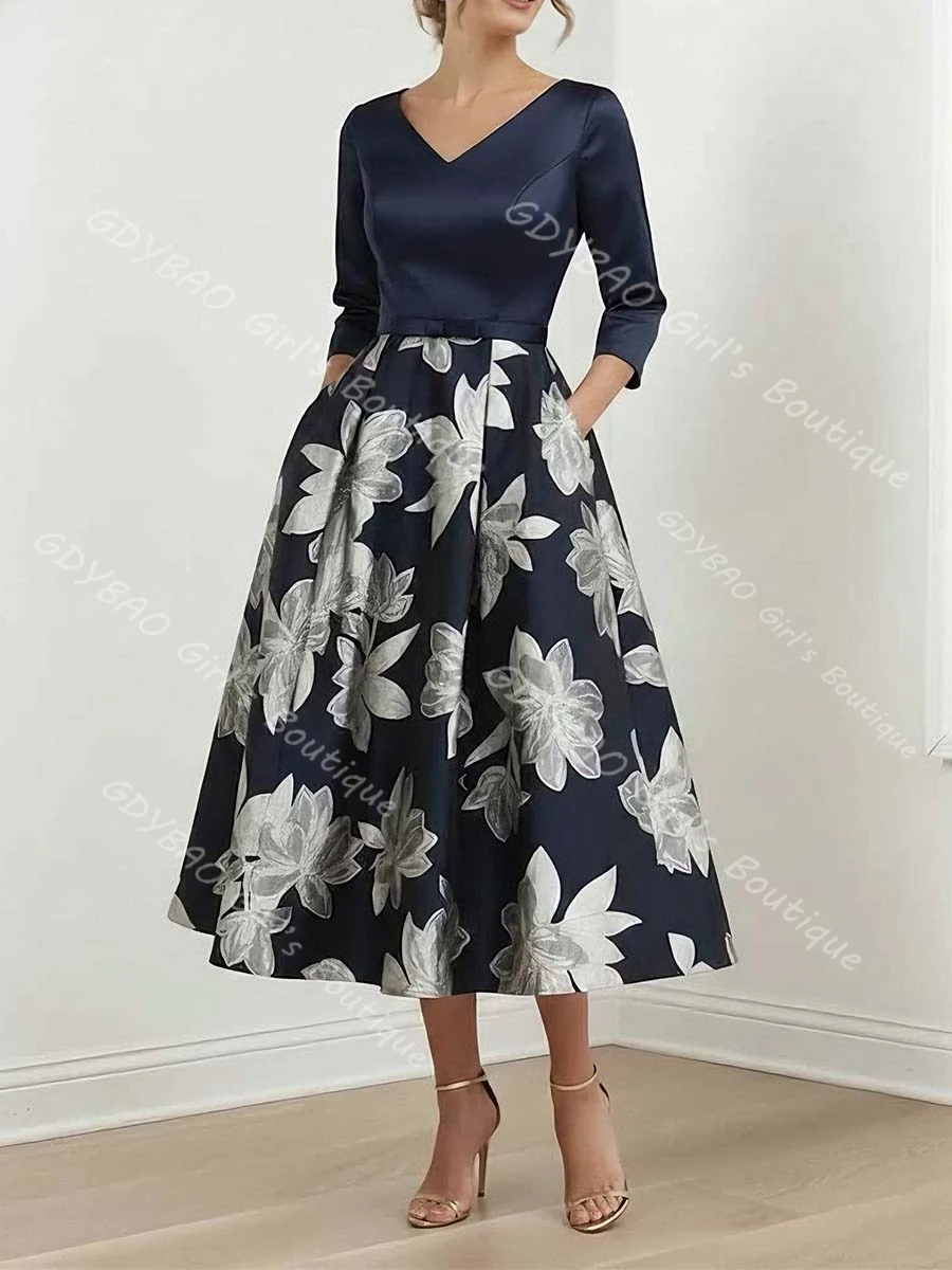 A-Line/Princess V-Neck Satin Mother of the Bride Dresses Tea-Length 3/4 Sleeves Printed Cocktail Dress Custom Vestidos de Festa