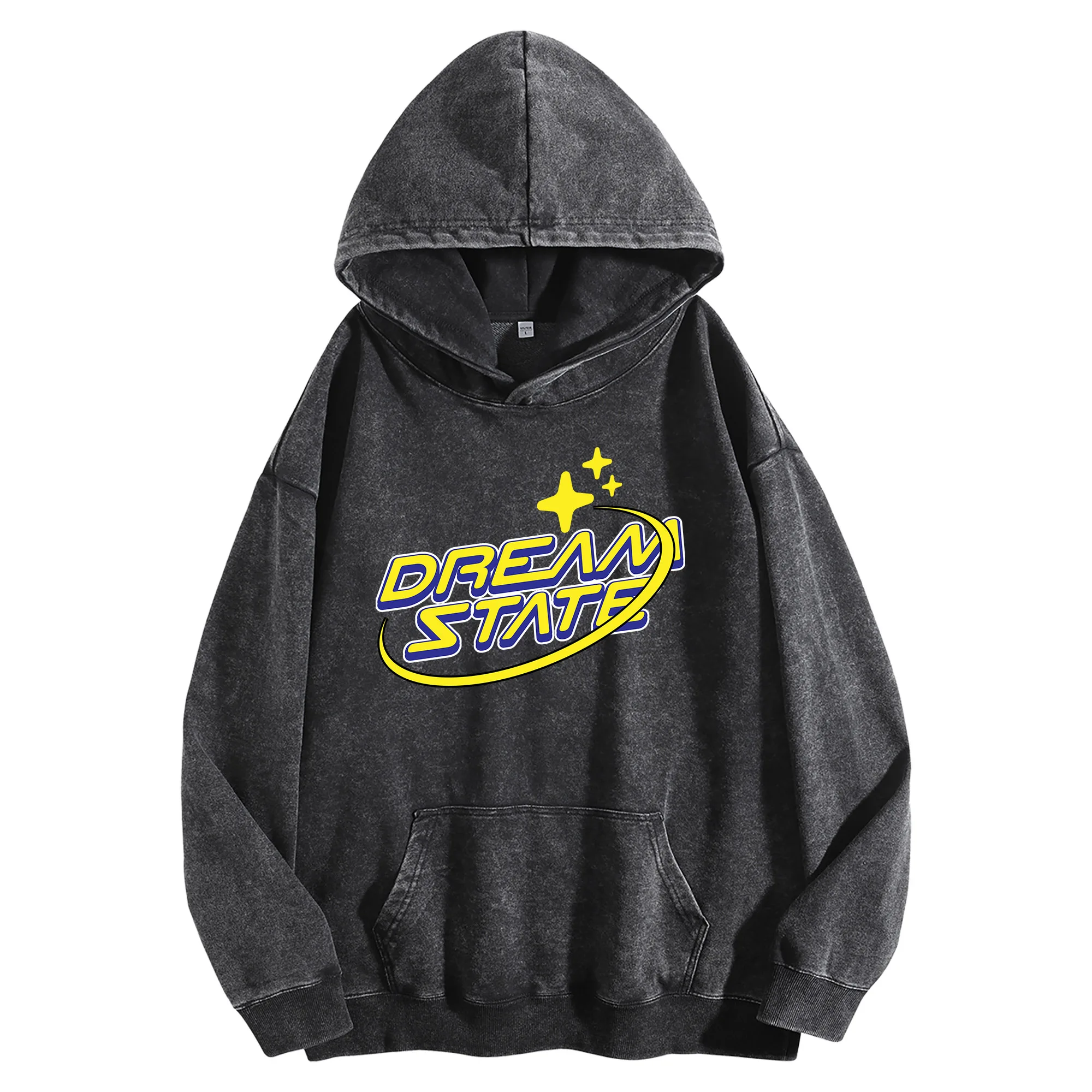 DREVMSTATE طباعة جرافيك 400G خمر غسلها هوديي للجنسين المتضخم الشارع الشهير البلوز الخريف/الشتاء عيد الميلاد السنة الجديدة الطبعة