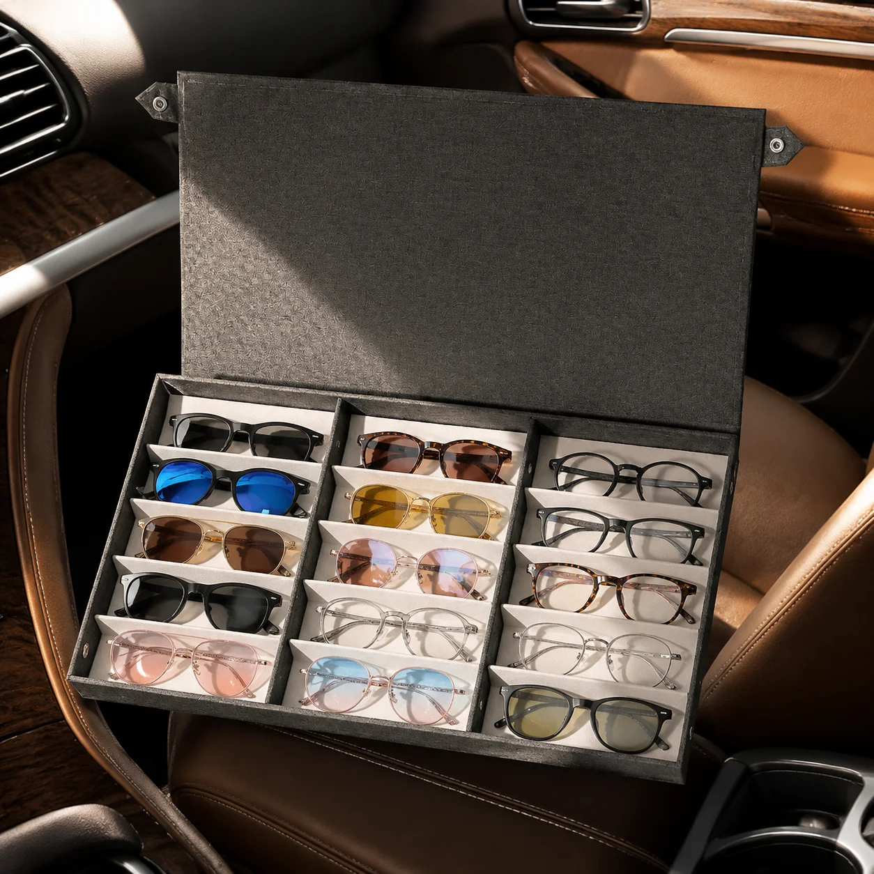 Travel Sunglasses Organizer 15 Slot Eyewear Storage Case Foldable Oxford Cloth Glasses Display Box for Home Travel Use