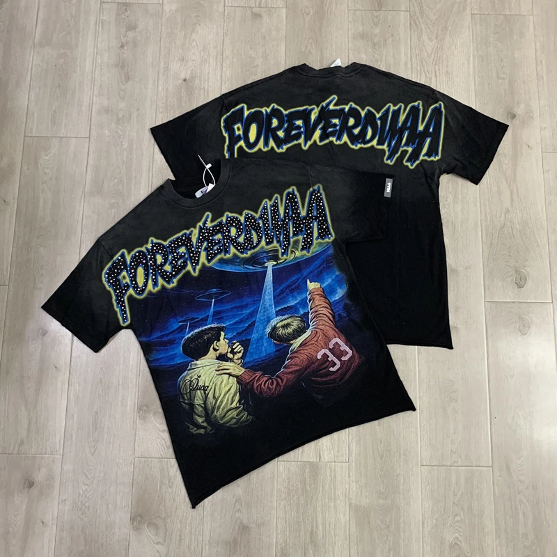 American Retro Washed Duaa Tshirt Alien Spaceship Print Loose Oversized Hip Hop Punk Short Sleeve Tops
