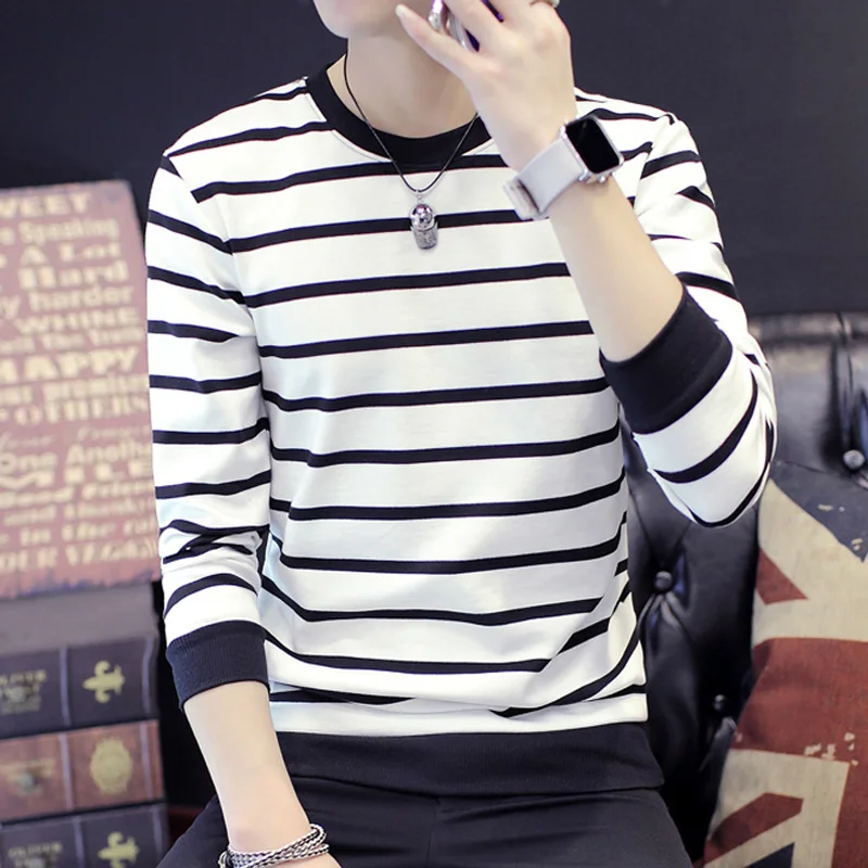 

New Autumn Spring Men's Long Sve T-irt Teenage Trend Base irt Bla White Stripes Sweatirt Small irt Upper Apparel