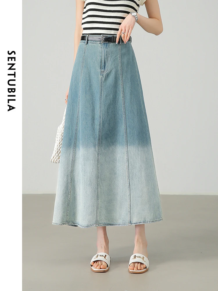 

SENTUBILA Washed Denim Long Skirt Woman 2024 Summer Casual Elastic High Waist Gradation A-line Jean Skirts Clothing W42Q55027