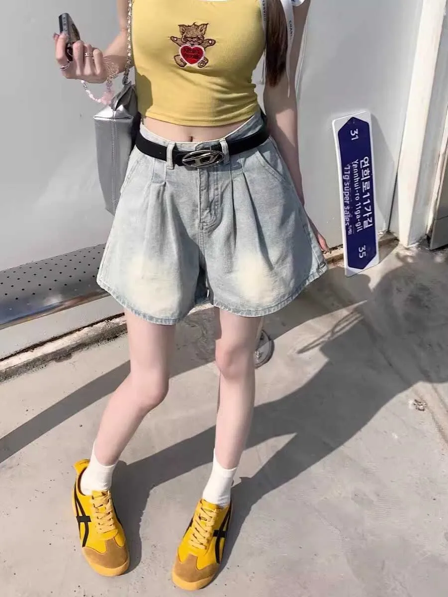 High Waist Pleated Loose Women's Jeans Summer New Style Small Size Korean Version Washed Wide Leg Short Pants Trendy