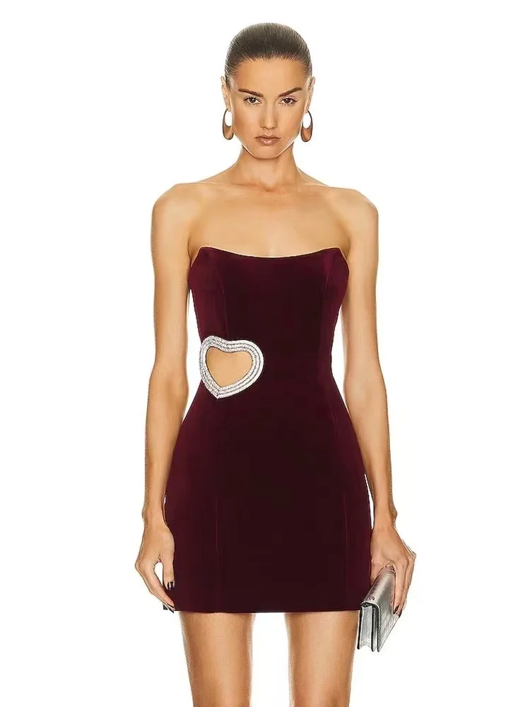 

Wine Red Sexy Strapless Mini Prom Bodycon Velvet Dress Sexy Hollow Out Sleeveless Runway Cocktail Celebrity Evening Prom Dress