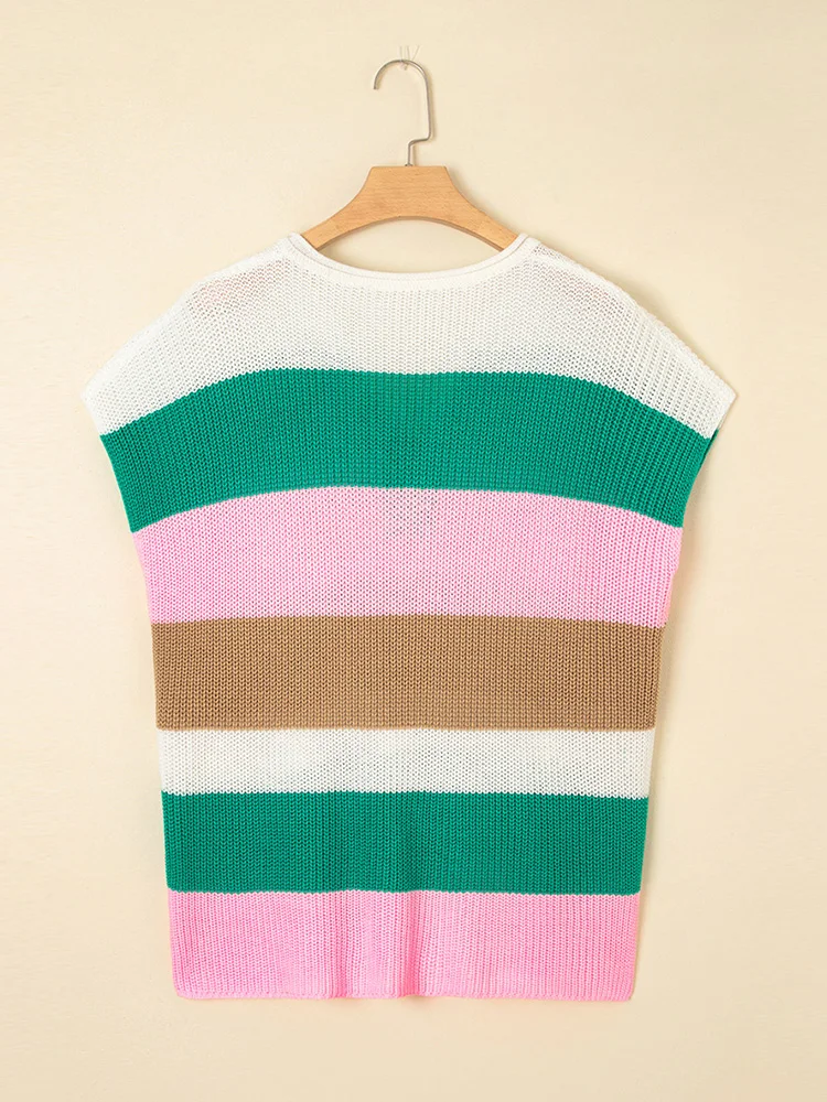 GIBSIE Plus Size Color Block V-Neck Sleeveless Knitted T-Shirt Women's 2025 Summer New Casual Matching Pullover Jumper Top