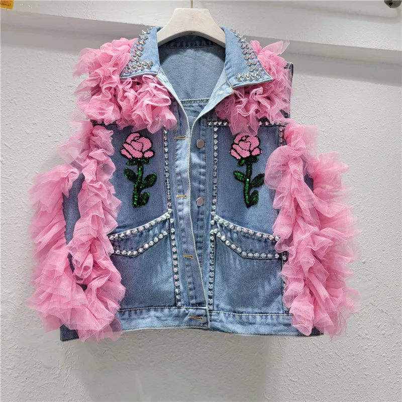 

Women Blue Short Cowboy Vest Casual Fashion Rivet Sequin Flower Mesh Stitching Big Pocket Sleeveless Denim Coat Female Waistcoat