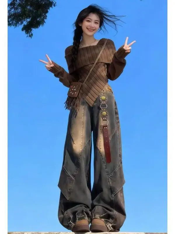 

Винтажные джинсовые джинсы American Sle Spicy Girl, женский осенне-зимний вязаный свитер, широкие брюки, повседневная мода, стандартный крой