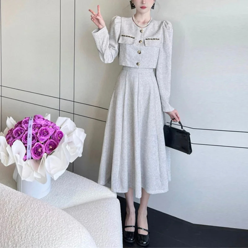 Women\'s Autumn New Leisure Suit Skirts Commuter Fashion Button Pocket Coat High Waist Half Skirt Long Sleeve 2-piece Skirt Set