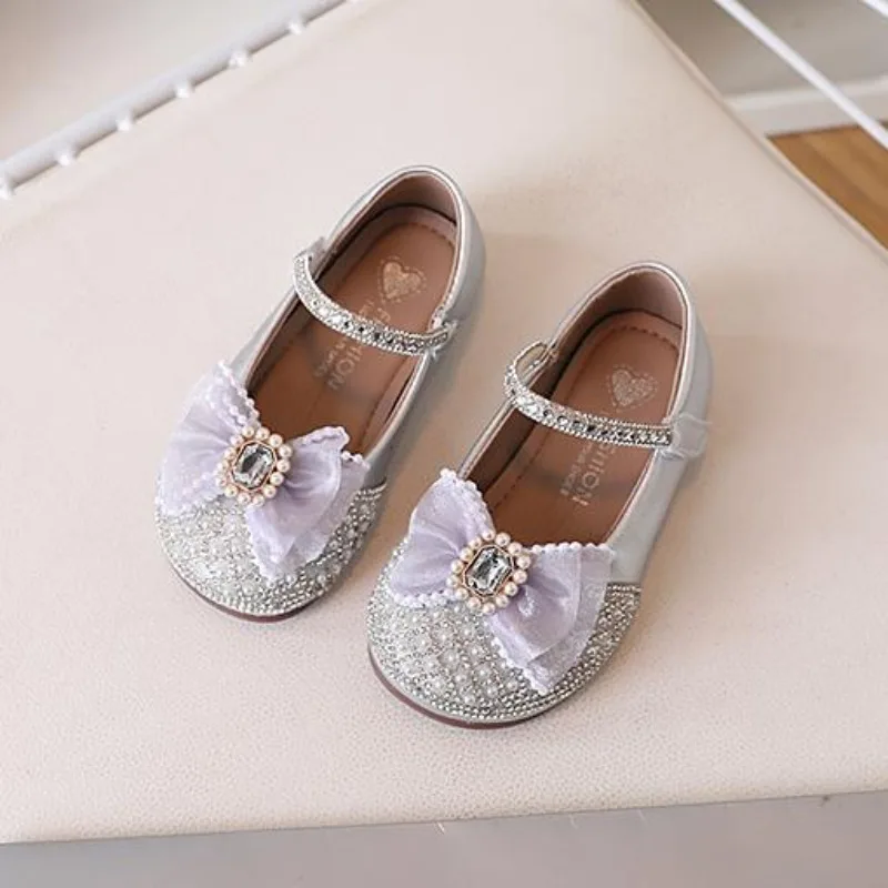 Chaussures de princesse pour filles, chaussures simples à paillettes avec nœud doux, à la mode, semelles souples, antidérapantes, robe de tempérament, 2025
