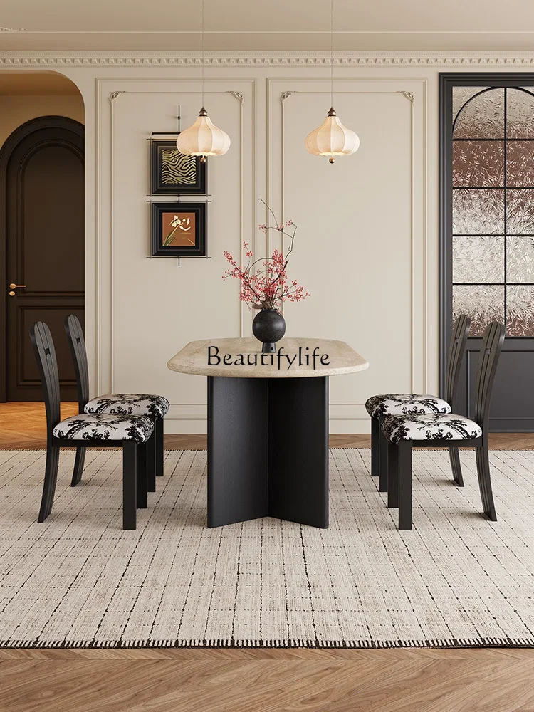 

05French cream retro style natural travertine rock slab dining table household small apartment living room oval dining table