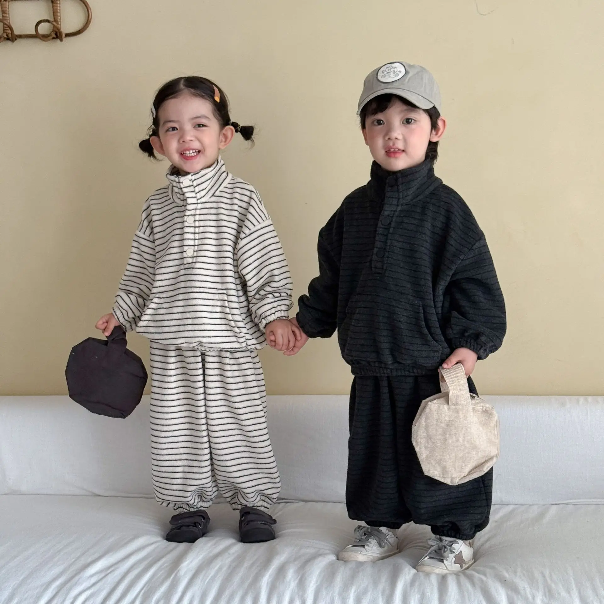 2026 Autumn New Children Long Sleeve Clothes Set Boys Girls Casual Striped Sweatshirt + Pants 2pcs Suit Kids Loose Outfits