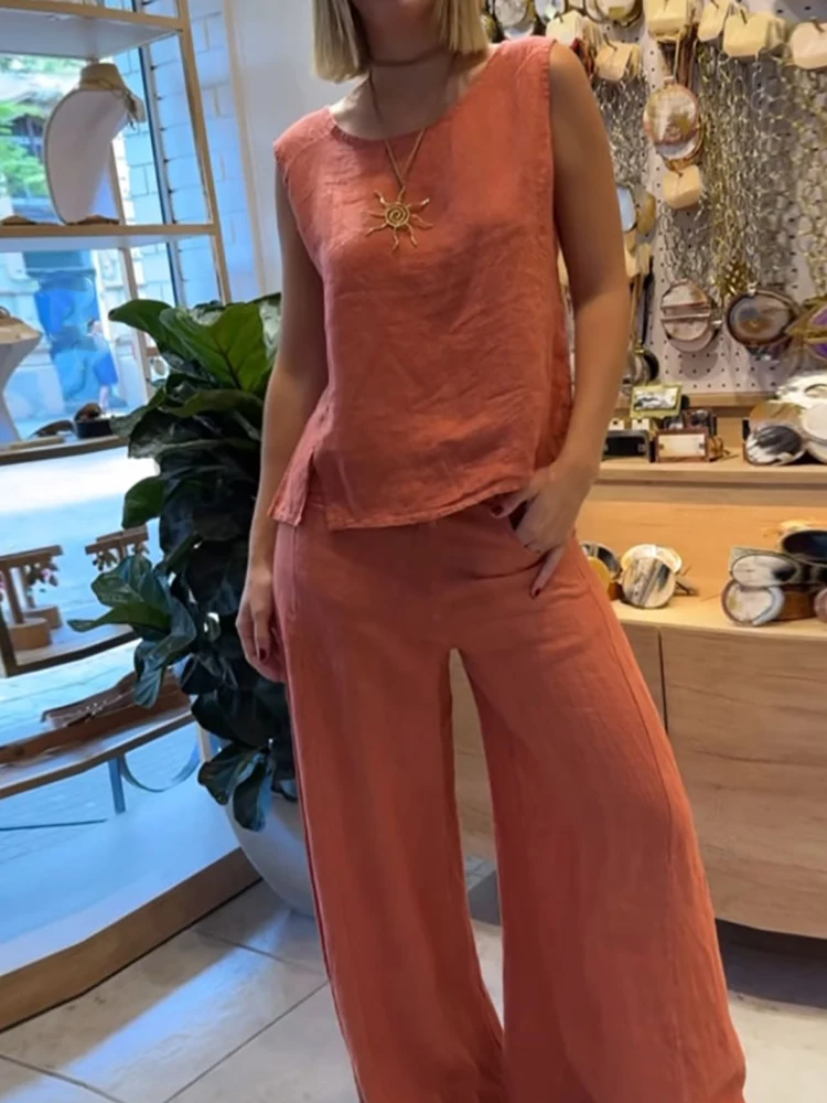 

Новый пуловер, топ, широкие брюки, комплект из 2 предметов, женский летний лоскутный наряд без рукавов, свободные праздничные простые женские костюмы, уличная одежда