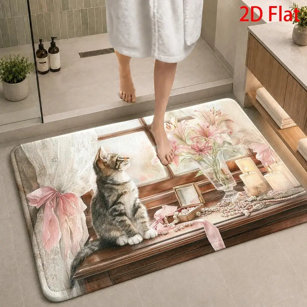 1pc, 2pcs, 3pcs, 2D Flat, Charming Cat Window View Bath Rug Sets, Pink Lily Floral Bathroom Mat, Soft And Absorbent, Machine Washable, Decorative Floor Mat Set, Perfect for Bathrooms, Laundry Rooms, Entryways
