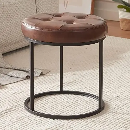 Faux Leather Ottoman Stool, Vanity Chair Button Tufted Footrest Stool Makeup Stool with Metal Base for Living Room