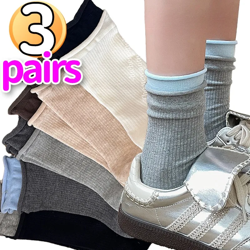 1/3Pairs Harajuku Ruffle Cotton Socks for Women Sweet Patchwork Double-deck Pleated Mid-tube Stockings Autumn Cotton Girls Socks