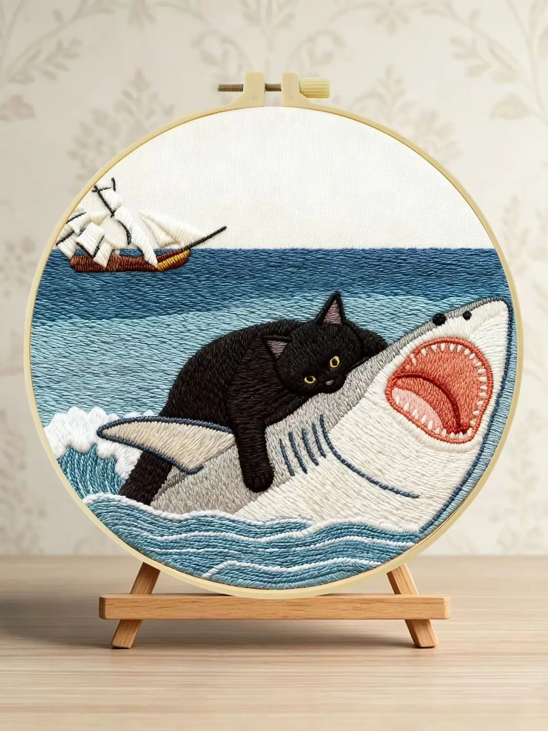 Katze auf Hai reitet 1 Stück DIY Stickerei-Material-Set für Anfänger Stickerei-Starter-Kit Kreuzstich-Kunst als Geschenk Nadelarbeiten Handwerk – Detail 1