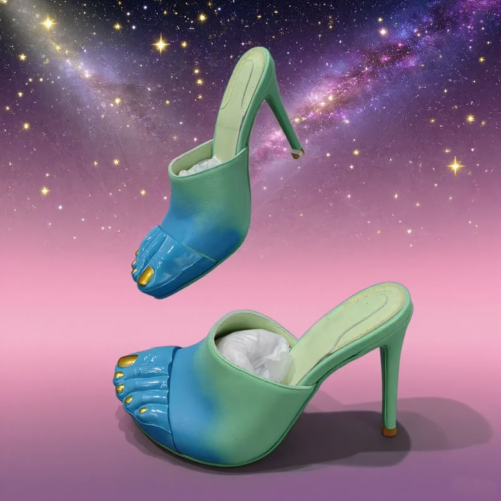 

Градиентные сине-зеленые тапочки с пятью пальцами на шпильке, модные летние женские модельные туфли без шнуровки на высоком каблуке 2025 года, реальное изображение