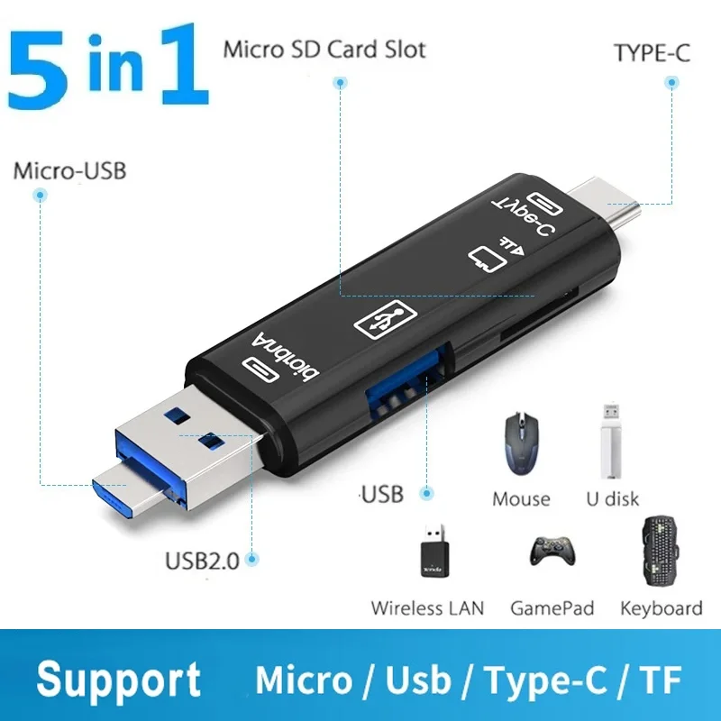 5 in 1 Multifunction USB 2.0 Type C/Usb /Micro Usb/Tf/SD Memory Card Reader OTG Card Reader Adapter Mobile Phone Accessories