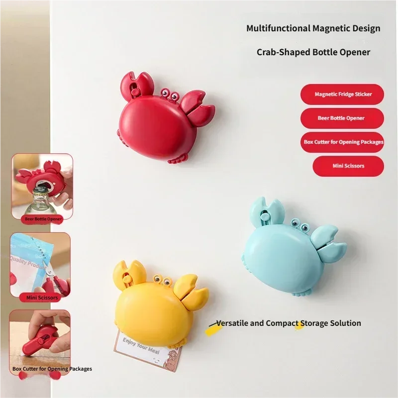 4-in-1 Magnetic Bottle Opener Cartoon Crab with Mini Scissors&Box Cutter Crab Bottle Opener Magnet Opener Daily Home Use