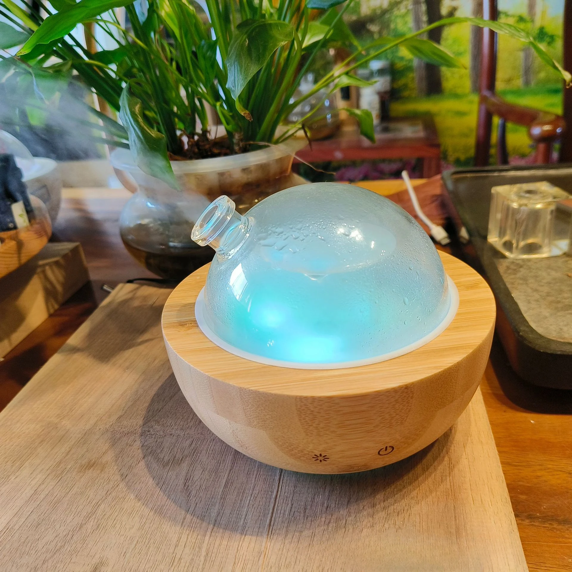 

Glass Essential Oil Diffuser with Real Wood Base, 200ml Ultrasonic Aromatherapy Diffuser, Glass Dome Humidifier, LED Light Avail