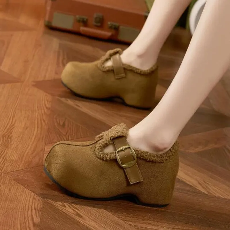 

2026 New Internal Increase Women Platform Warm Fur Loafers Autumn Winter Mary Jane Shallow Mouth Non-slip Female Cotton Shoes