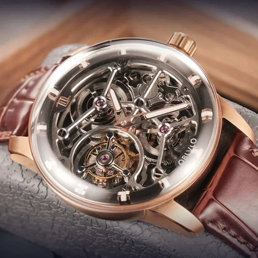 OBLVLO Men Tourbillon Watch 42MM Mechanical Wristwatch Luminous 50m Waterproof Sapphire Mirror Skeleton Dial