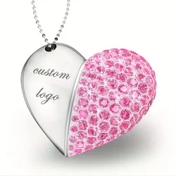 Free Custom Laser Engraving LOGO Silver Metal Pink Crystal Heart Model USB2.0 High-speed Flash Drive 4GB 8GB 16GB 32GB 64GB