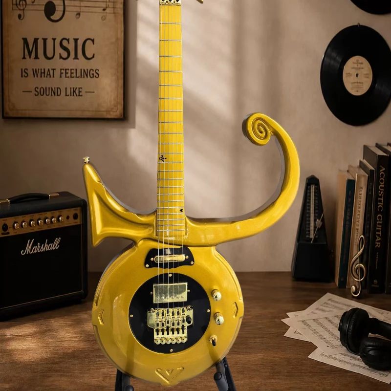 Gold Alien-Shaped Electric Guitar C Style Wide Horn Design Dual Pickup Configuration Double-Locking Tremolo System Free Delivery