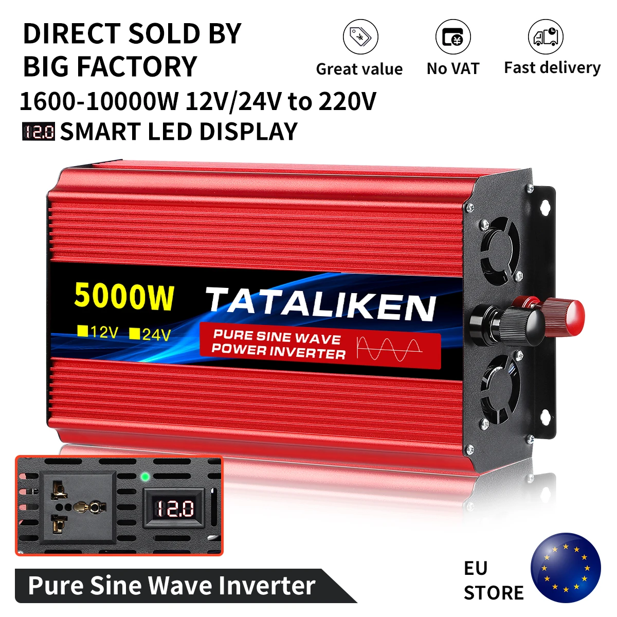 Pure Sine Wave Inverter2500W 3500W 4500W 5000W Power DC12V 24V To AC 220V Voltage 50Hz Converter Solar Inverters With LED Dis