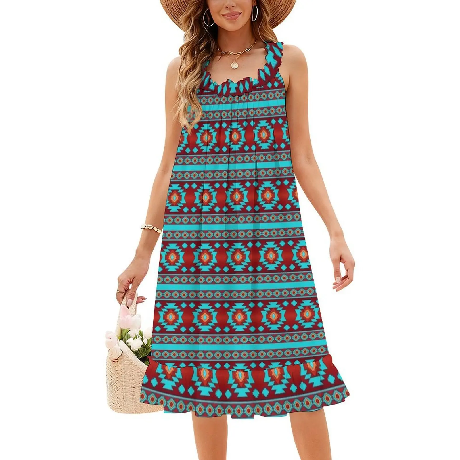 فستان بوهيمي بدون أكمام بنمط نافاجو العرقي الجنوبي الغربي للنساء مطبوع عليه فساتين حفلات الشاطئ جنوب غرب جنوب غرب عرقي #4