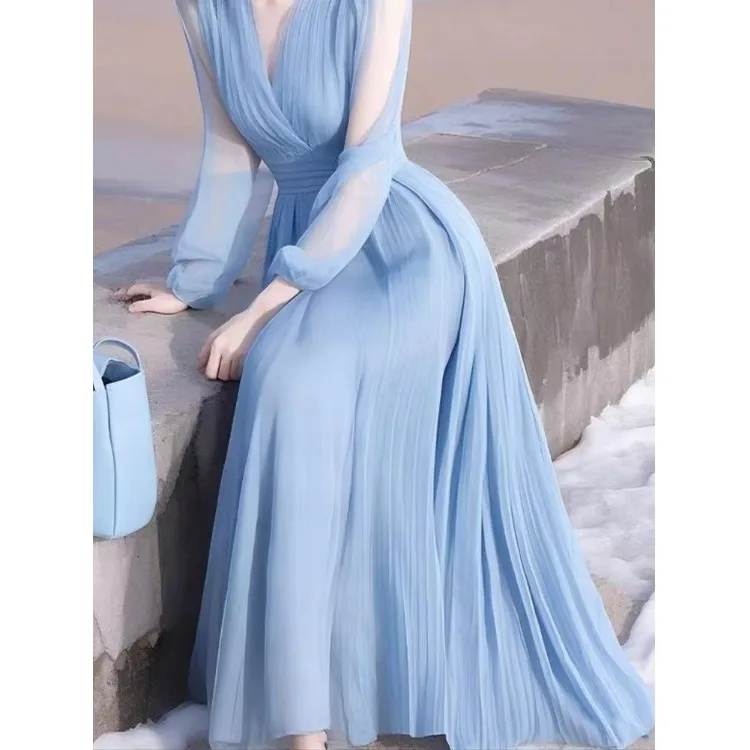 Elegant Blue Chiffon Dress Gentle Style Proper Dress Long Sleeve Universal Fit Citywalk Polyester Fiber 2026 Autumn Collection