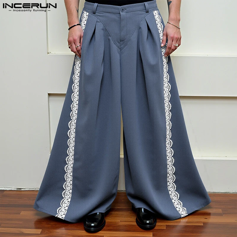 INCERUNเสื้อกันหนาวผู้ชายกางเกงขากว้างลูกไม้Patchworkปุ่มจีบJoggersกางเกงผู้ชายStreetwear 2025 Oversizeแฟชั่นสบายๆกางเกงยาว