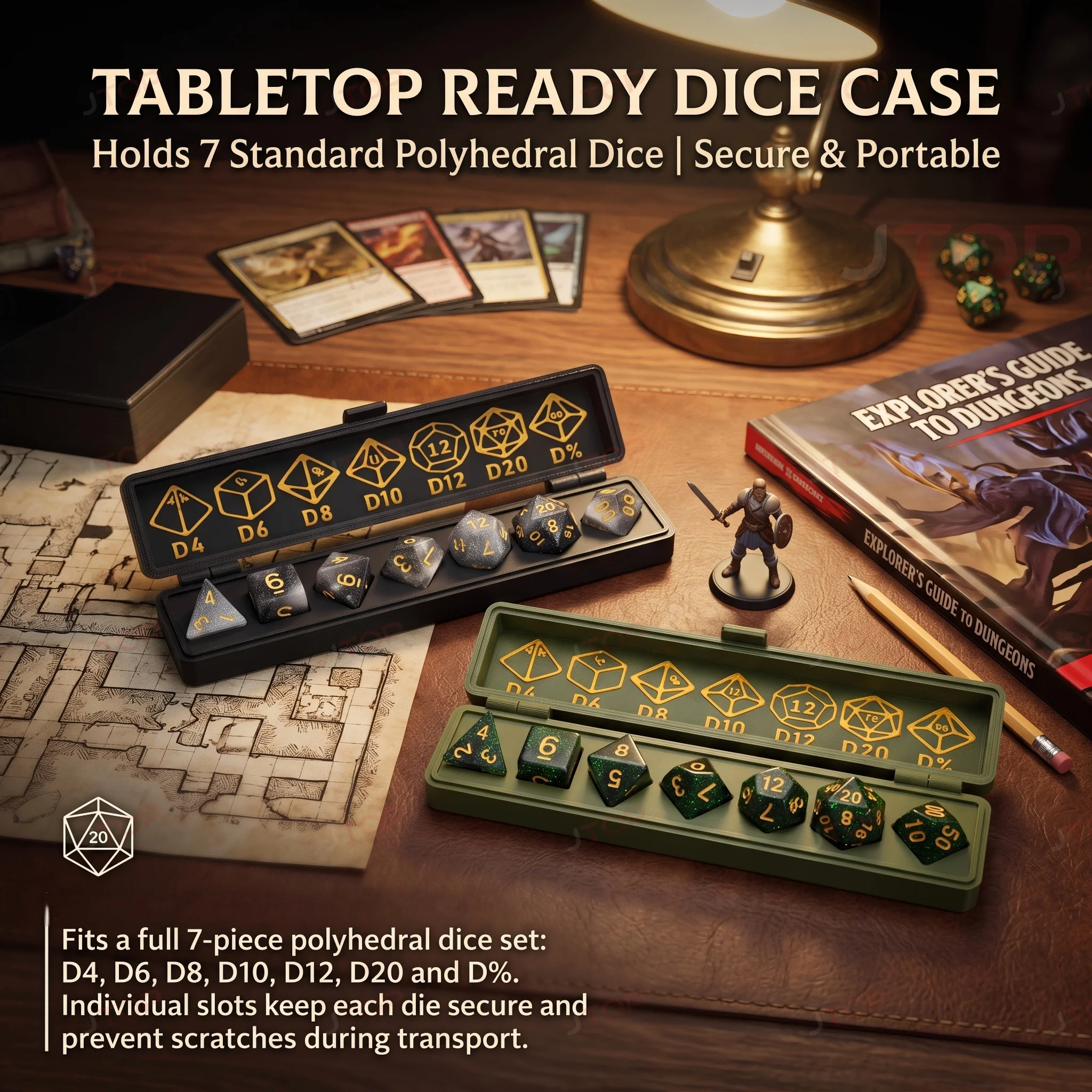 Tabletop Ready Dice Case, TTRPG Style, Hard Dice Storage Box, Snap Closure Shell, Game pieces and components.